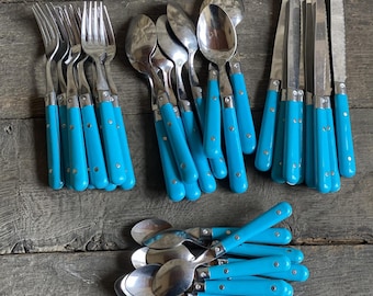 32-piece set of vintage cutlery, stainless steel with turqoise handles
