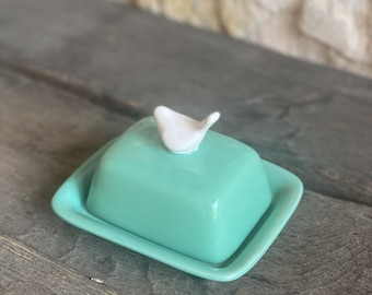 Bluish green Bird Butter Dish designed by Carolyn Donnelly for Dunnes Stores (ireland)