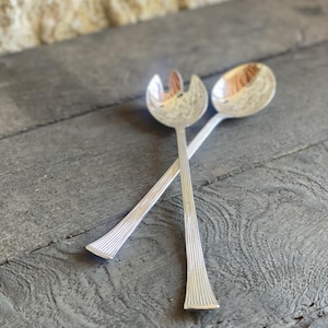 Può includere: Set di posate da portata per insalata argentato. Il set comprende una forchetta e un cucchiaio, entrambi con una superficie riflettente. I manici hanno un design a coste. La forchetta ha tre rebbi. Il cucchiaio ha una coppetta arrotondata.