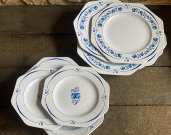 Platos blancos de estilo vintage para picnic con decoración azul, juego de camping de melamina de 12 piezas.