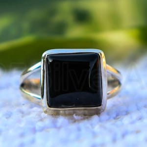 Black Onyx Stone Ring, 925 Sterling Silver, Split Band Ring, Square Stone Ring, Black Stone Ring, Bezel Ring, Silver Band Ring, Gift For Her