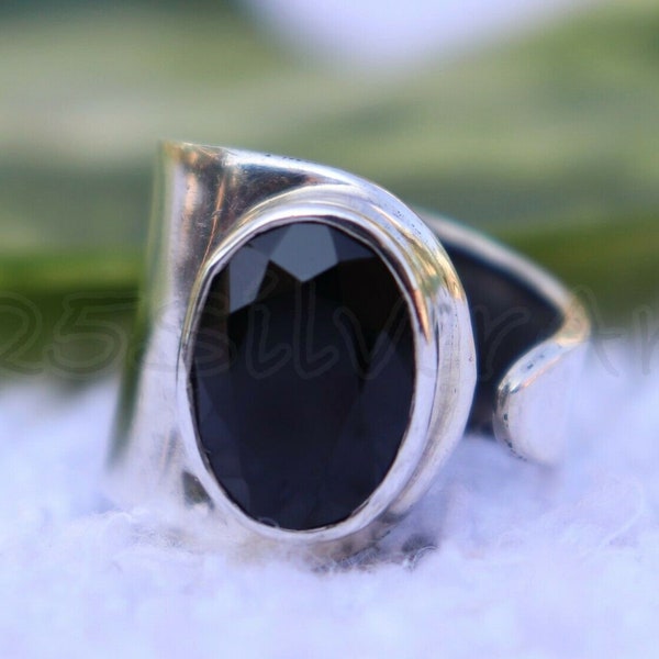 Black Onyx Ring, 925 Sterling Silver, Oval Stone Ring, Wide Band Ring, Black Stone Ring, Adjustable Ring, Cuff Ring, Artisan Ring, Gift Ring