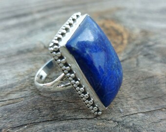 Lapis Lazuli Ring, Blue Stone Ring, Designer Bezel Ring, 925 Sterling Silver, Rectangle Stone Ring, Women Ring, Boho Ring, Gift For Wife