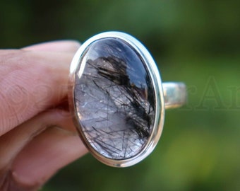 Black Rutile Ring, 925 Sterling Silver, Oval Stone Ring, Bezel Ring, Silver Band Ring, Black Stone Ring, Natural Stone Ring, Wedding Gift