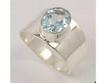 Blaue Topas Ring, 925 Sterling Silber Ring, breite Band Ring, natürlichen Edelstein, blauer Stein Ring, Edelstein-Ring, handgemachte Ring, Geschenk für Frau