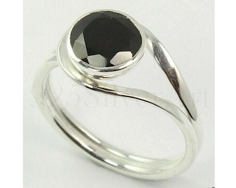 Black Onyx Ring, Faceted Stone, Round Stone Ring, 925 Sterling Silver, Split Band Ring, Black Stone Ring, Silver Band Ring, Gift For Her