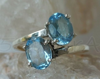Blue Topaz Ring, 925 Sterling Silver, Dual Stone Ring, Prong Set Ring, Silver Band Ring, Natural Stone Ring, Boho Ring, Wedding Gift, Sale