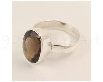 Smoky Quartz Silver Ring, 925 Sterling Silver, Bezel Ring, Oval Stone Ring, Gemstone Ring, Faceted Ring, Handcrafted Ring, Boho Ring, Gift