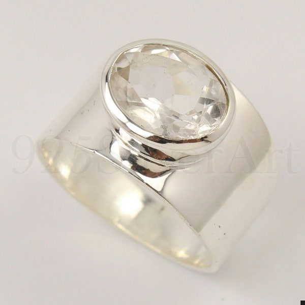 Anneau blanc de quartz, anneau ovale de pierre, anneau de lunette, anneau large de bande, argent sterling 925, anneau de pierre gemme, anneau fait à la main, anneau de déclaration, vente