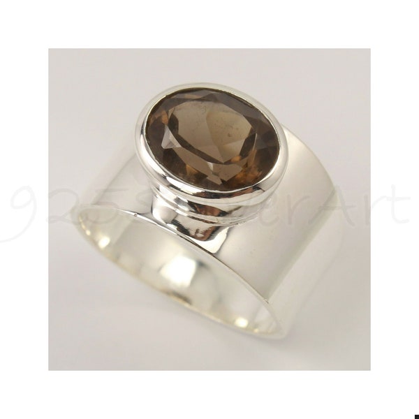 Smoky Quartz Ring, Wide Band Ring Oval Stone Ring, Silver Band Ring, 925 Sterling Silver, Handmade Ring, Gemstone Ring, Boho Ring, Gift Ring