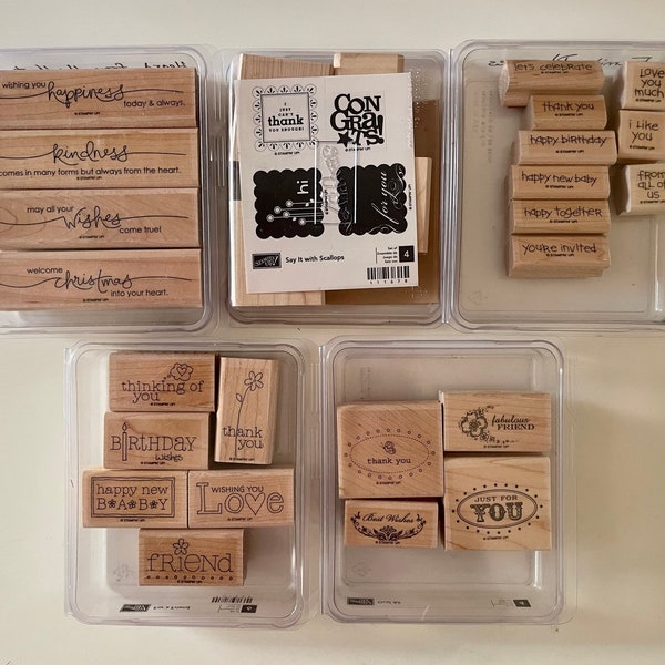 Sets d'estampes Stampin' Up obsolètes - Jamais utilisés - Contrecollés sur bois et dans leur emballage d'origine à clapet moyen