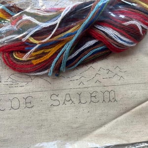 Peut inclure: Un kit d'artisanat avec une toile portant l'inscription "OLDE SALEM" et une scène de montagne. Un paquet de fil à broder coloré dans les tons de rouge, bleu, jaune et blanc est posé sur la toile.