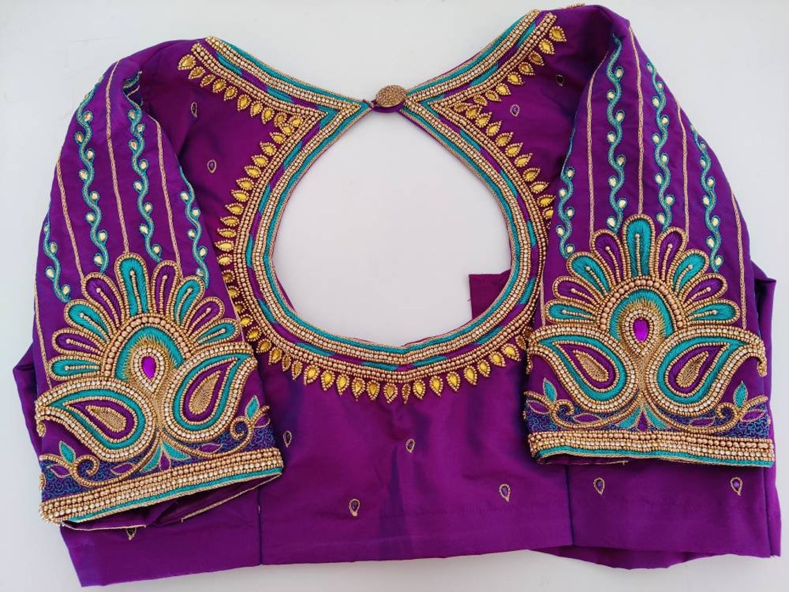 purple colour aari work blouse