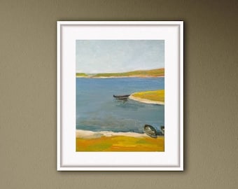 Lake Minimalist Original Art Landscape Oil Painting, Boat Painting Wall Art by ArtKshes