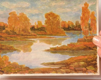 Autumn Landscape Vintage Watercolor Original Painting, Tree Autumn Watercolor Wall Art by 7"× 5.3"