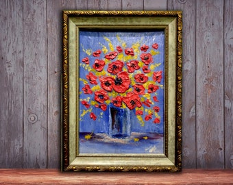 Decorative poppies Painting Original Framed, Impasto Floral WallArt by 8.3"x 6" by ArtKshes
