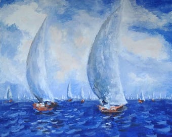 Sailboat Painting on Canvas, Acrylic, California Ocean Wall Art  by 31.5"x35.5" by ArtKshes
