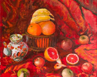 アレクサンダー・シェンデロフ作 オリジナル静物油絵：ろうそく、果物