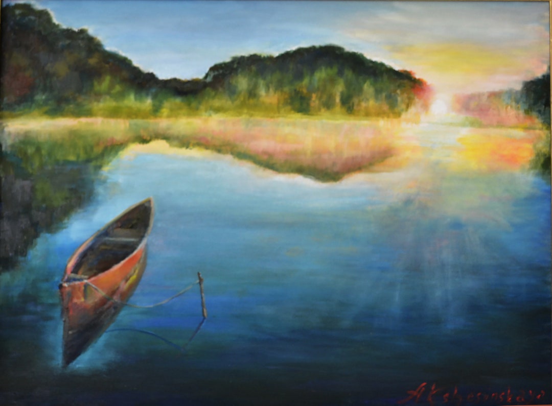 Lake Sunset Oil Original Painting on Canvas, Landscape Large Wall Art ...