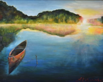 Lake Sunset Oil Original Painting on Canvas, Landscape  Large Wall Art by 21,6"× 29.5" by ArtKshes