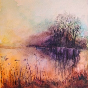Dipinto originale ad acquerello di lago, dipinto ad acquerello di paesaggio, acquerello di tramonto, belle arti di 8"×6.5" di ArtKshes