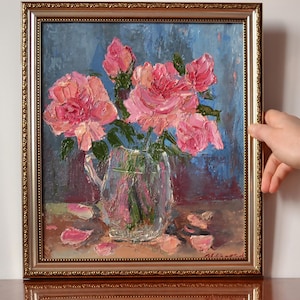 Pintura abstracta de rosas enmarcada, arte de pared original, pintura al óleo de flores, pintura de naturaleza muerta floral empastada, arte de pared de rosas de ArtKshes