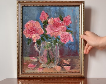 額入りバラのつぼみ油絵：小さな花の静物画、4x6インチ木製アート #B18
