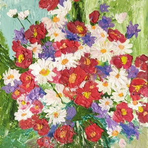 Wildflowers Painting Oil Original Art, Impasto Flower Painting, Impasto Daisy Wall Art by 6&quot;× 6&quot; by ArtKshes