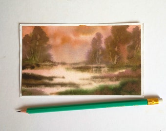 Watercolor Original Forest River Painting Landscape Vintage Watercolour Fine Art by 3.5"× 6"