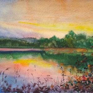 Lake Watercolor Original Art Landscape Watercolor Painting Sunset Watercolor Fine Art by ArtKshes by 8&quot;×7&quot;