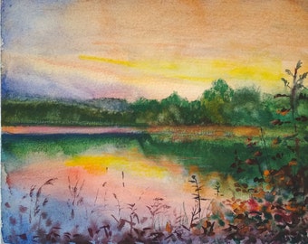 湖の夕日のアートワーク | 水彩風景画 | 空の鳥の壁飾り 9x12 インチ