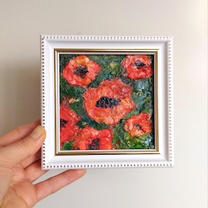 Small Abstract Poppies Painting Original Framed, Abstract Red Flowers Wall Art Framed by 4&quot;× 4&quot; by ArtKshes