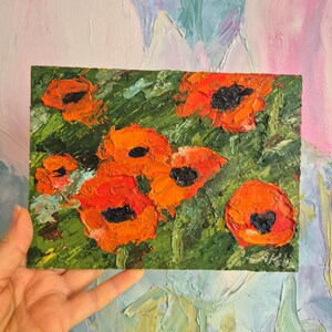 Poppy Painting Oil Original Art Flower Painting Impasto Floral Ukrainian Wall Art by 7.5&quot;× 5.5&quot; by ArtKshes