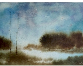 Foggy Landscape Watercolor Print, Vintage Abstract Landscape Watercolor Print from an Original Painting