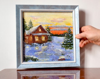 House Winter Oil Original Painting Framed,  Christmas Snow Scene Painting by 8x8 Wall Art