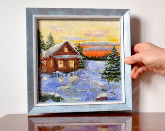 Winter Painting Original Oil Framed Art, Christmas Painting, Cottage in Winter Wall Art by ArtKshes