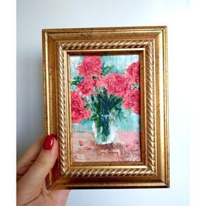 Abstract Flower Small Painting, Bouquet Flowers Original Acrylic Art, Floral Still Life Small Wall Art Framed by 3&quot;x5&quot;