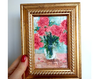 Abstract Flower Small Painting, Bouquet Flowers Original Acrylic Art, Floral Still Life Small Wall Art Framed by 3"x5"