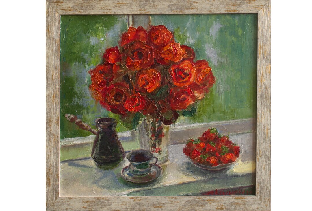 Red Roses Oil Original Painting Framed, Floral Still Life Wall Art 19.6 ...