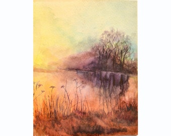 Lake Watercolor Art, Landscape Watercolor Painting, Sunset Watercolor Fine Art by ArtKshes by 8"×6.5"