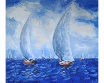 Sail Boat Painting Original Art Acrylic On Canvas, California Ocean Painting, Sail Boat Wall Art by 31.5"x35.5" by ArtKshes