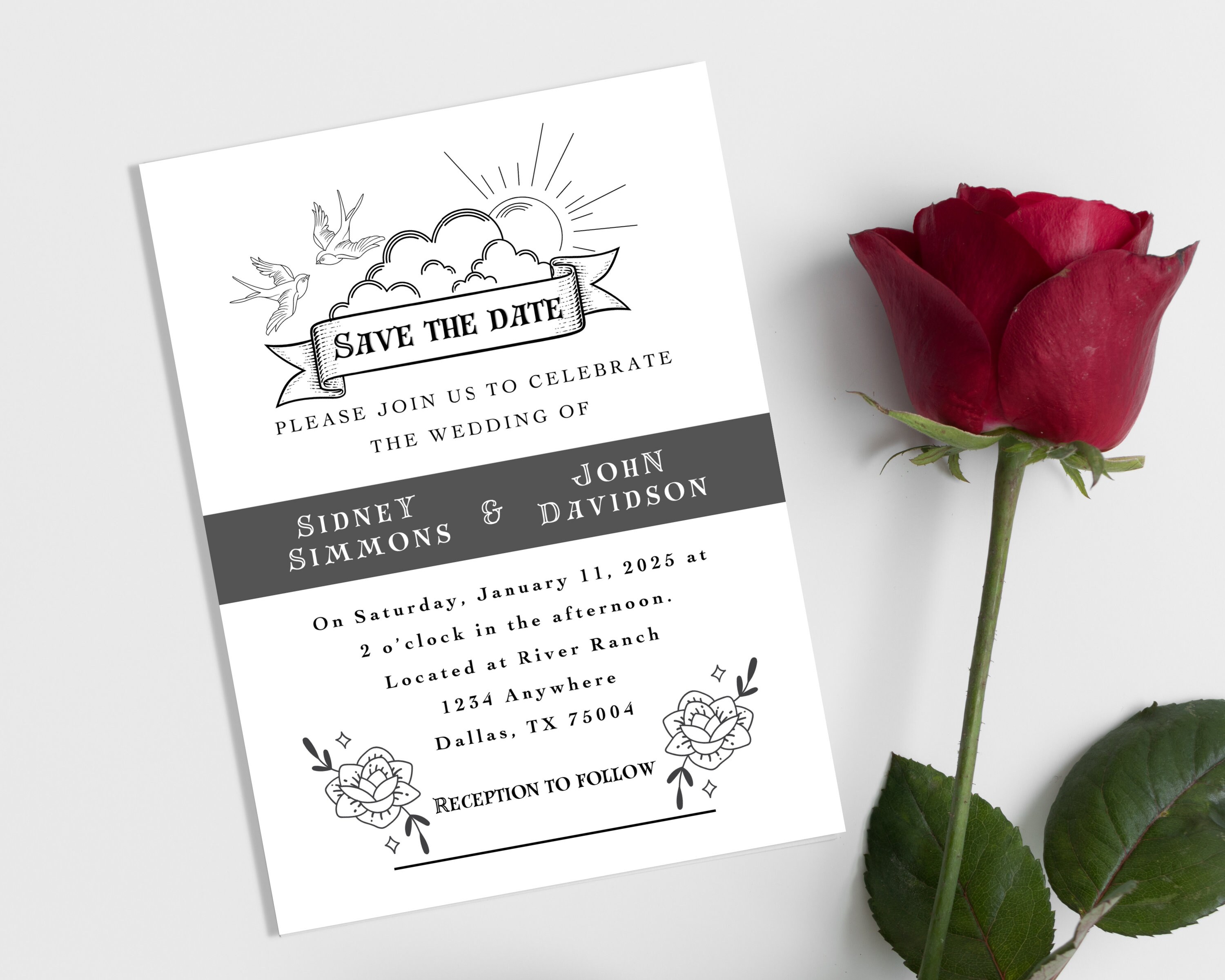5x7 Printable Tattoo Save the Date Wedding Invitation, Wedding ...