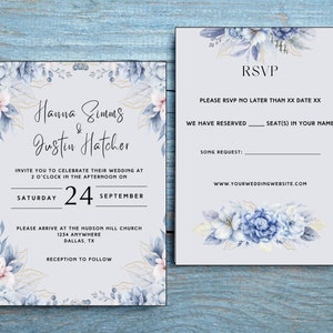 5x7 Floral Wedding Invitations and RSVP Wedding Invitation- Printable Wedding Invitation and RSVP Card- Custom Wedding Invitation Template
