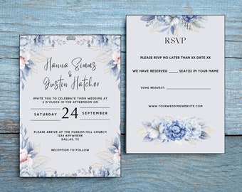 Afdrukbare blauwe bloemen huwelijksuitnodiging en RSVP-set (afdrukbare sjabloon)