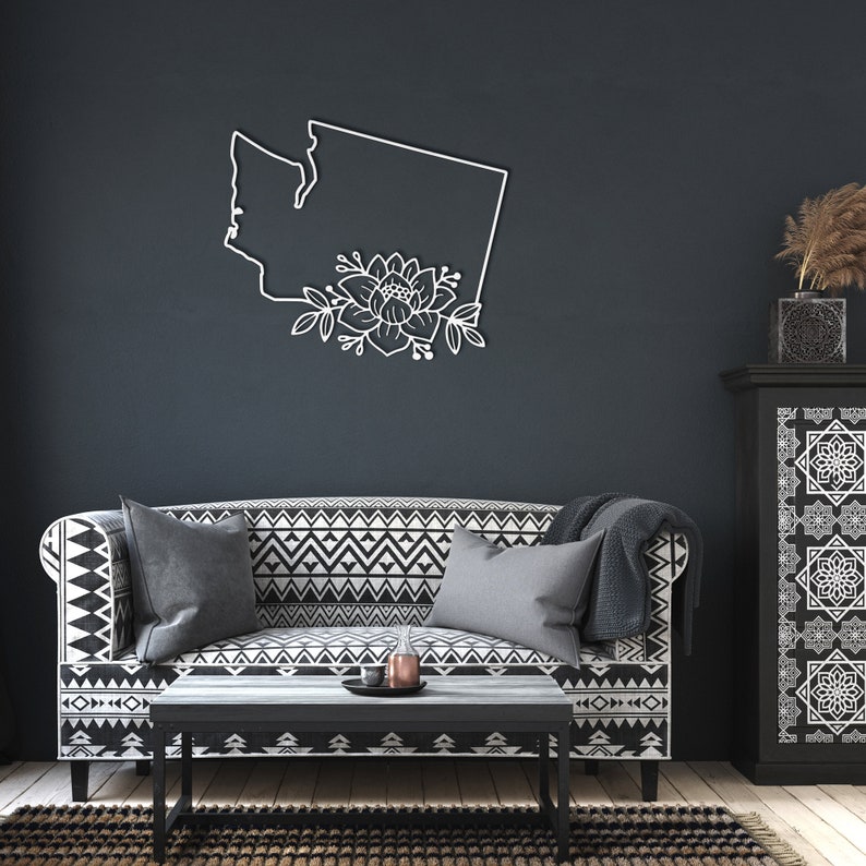 Floral Washington Map Metal Wall Art Washington Dc State Etsy