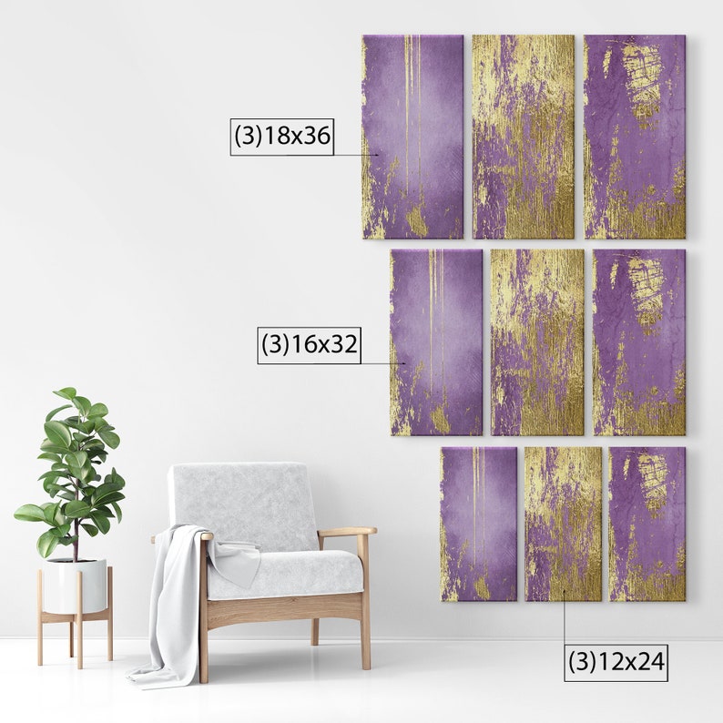 Purple Abstract Gold Foil Canvas Prints Set of 3 canvas Wall Etsy