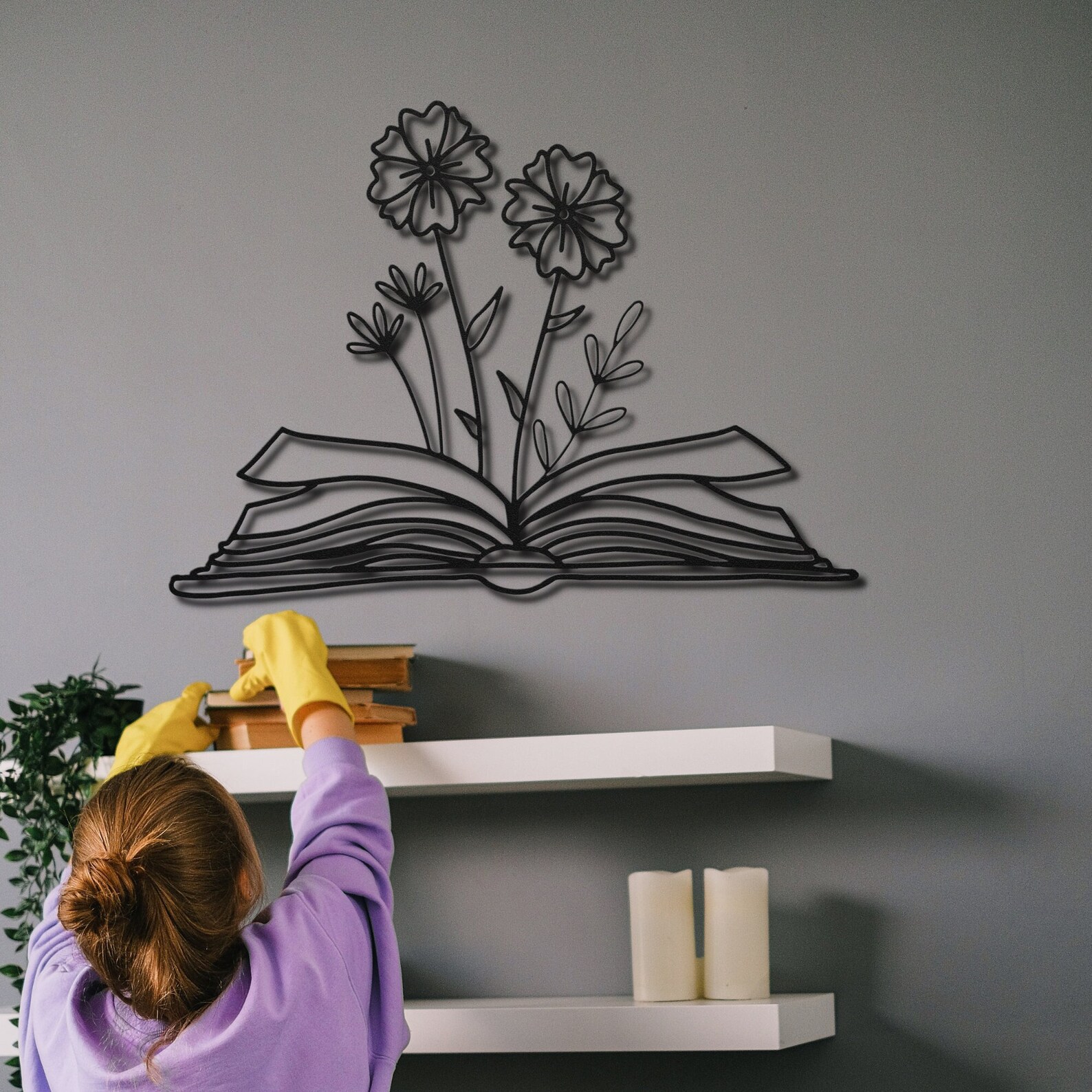Metal Wall Art Book Lover Gift Floral Book Decor Metal Etsy