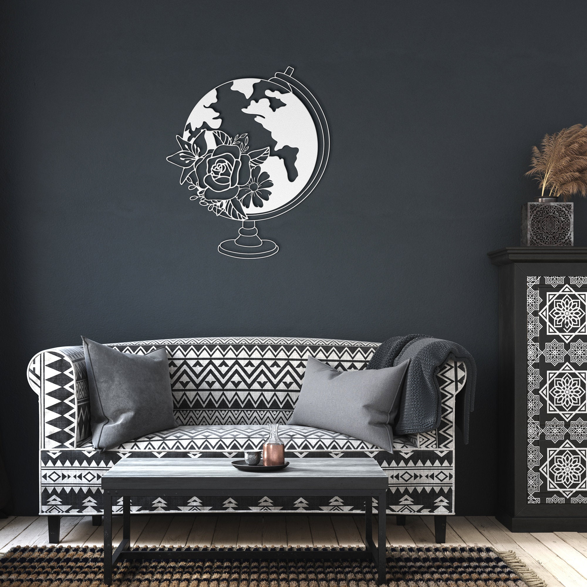 Metal Wall Art Floral Globe Decor World Map Wall Art Etsy