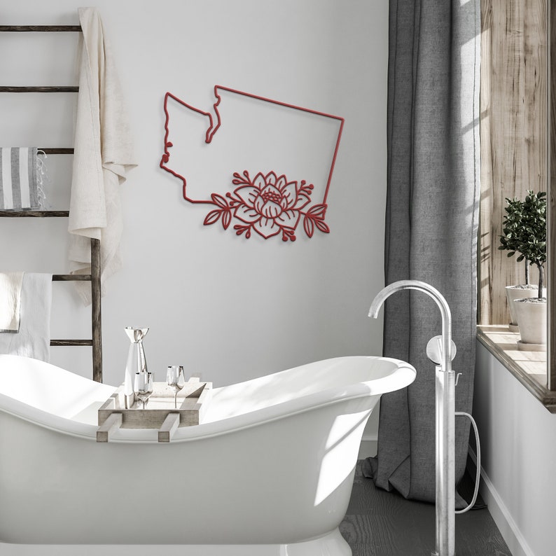 Floral Washington Map Metal Wall Art Washington Dc State Etsy