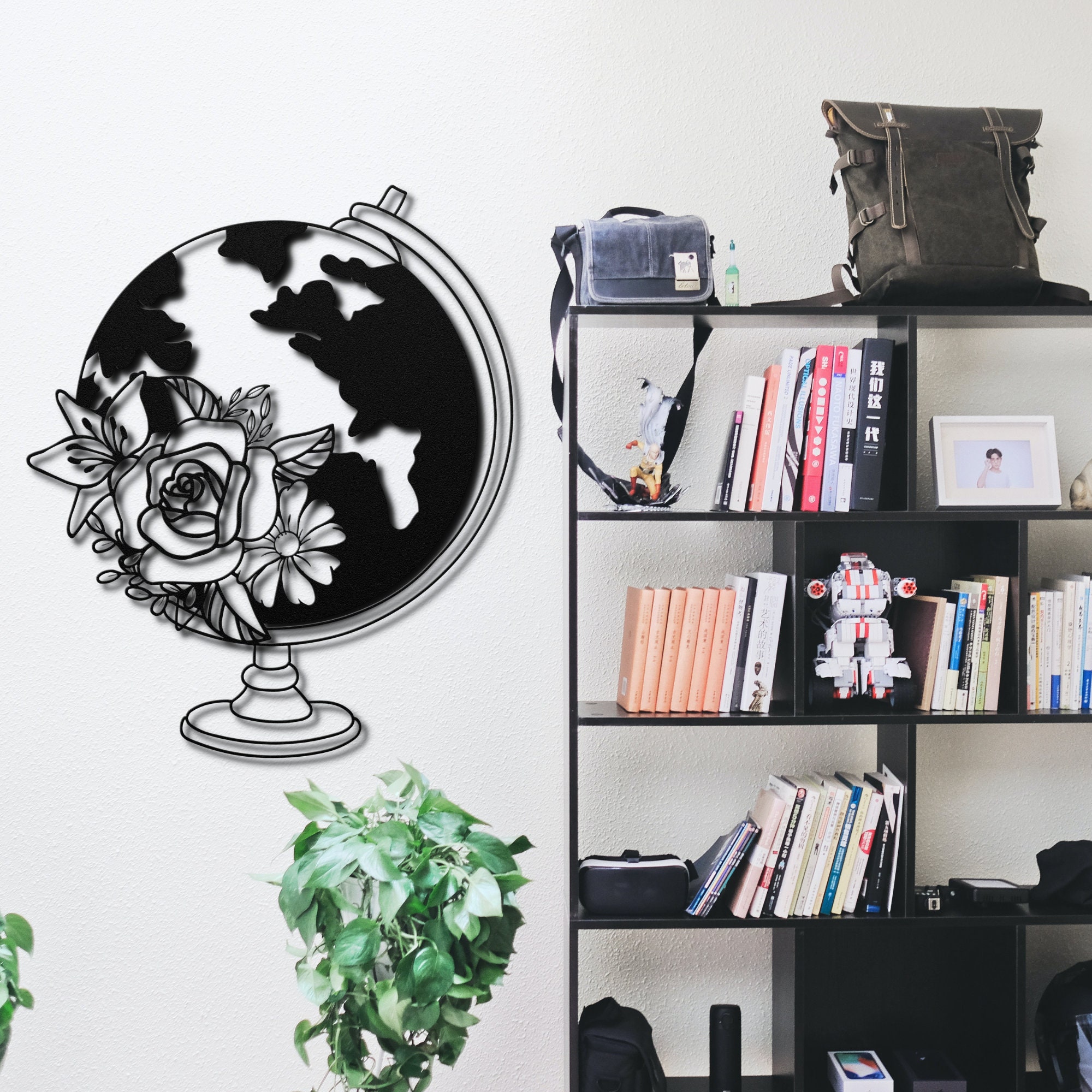 Metal Wall Art Floral Globe Decor World Map Wall Art Etsy